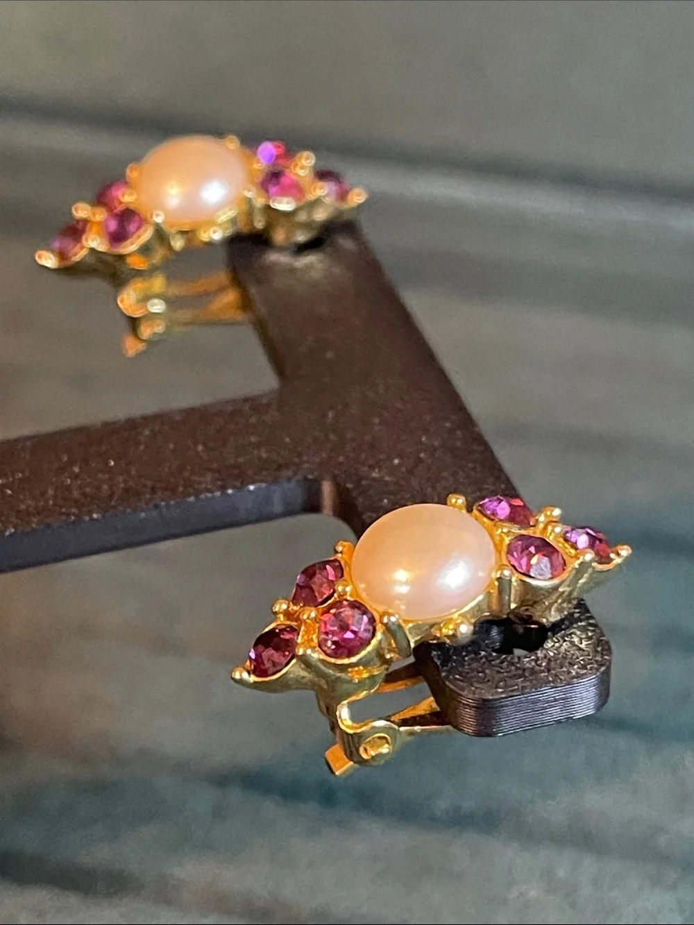 Vintage Givenchy Faux Pearl & Purple Rhinestone Clip On Earrings